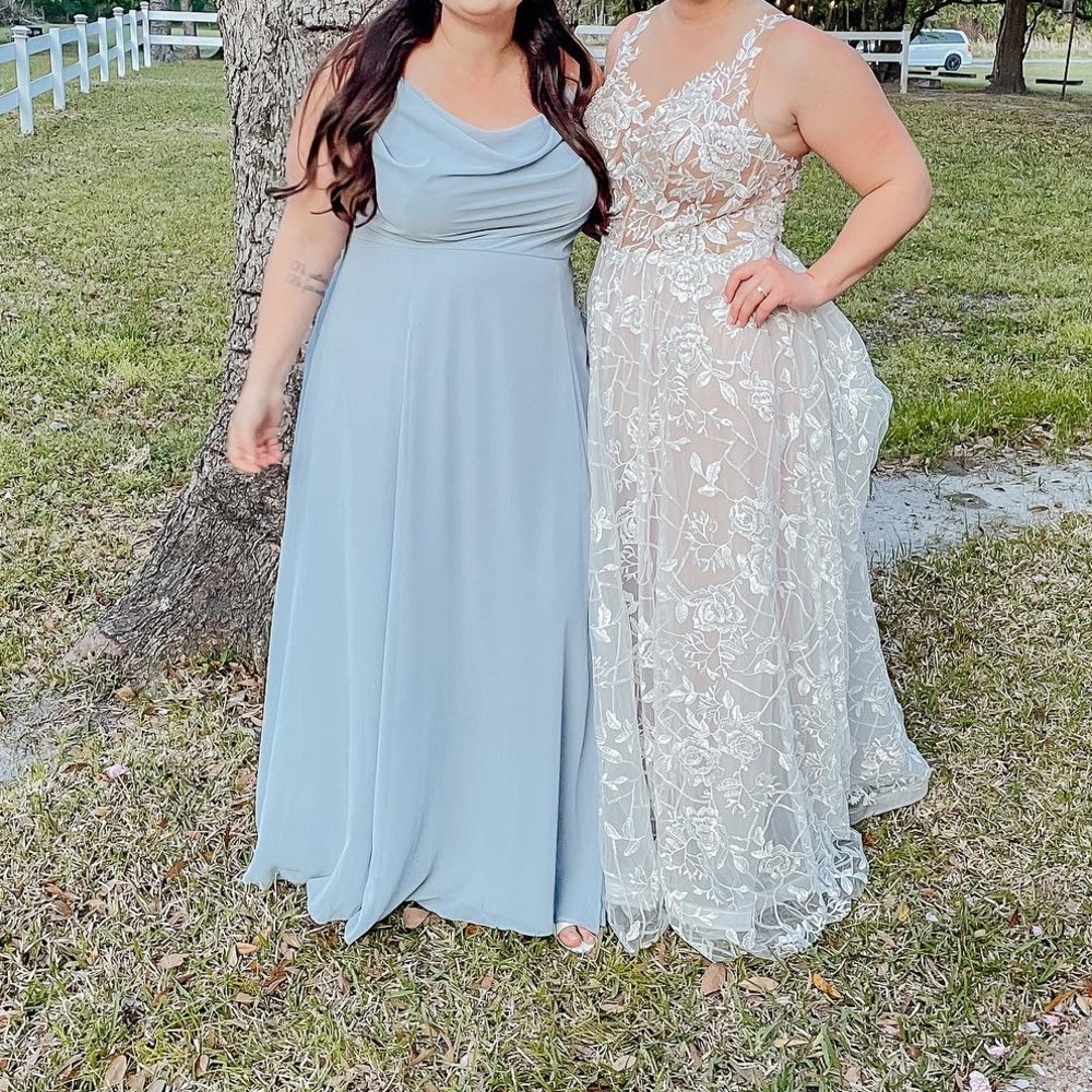 David’s Bridal Chiffon Cowl Neck Bridesmaid Dress, dusty blue, size 18